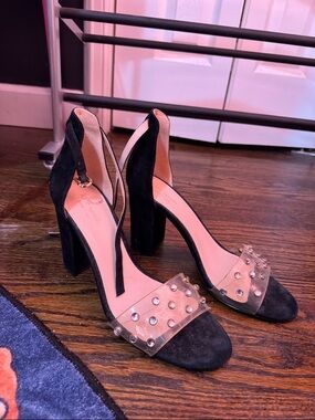 Kate Spade Black Suede Block Heel Sandals with Studded Clear Strap